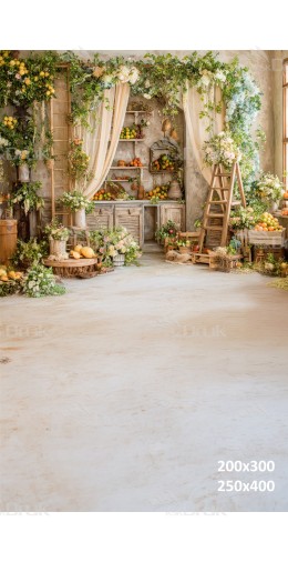 Tło fotograficzne „Rustykalna spiżarnia pełna owoców i zieleni” | E691